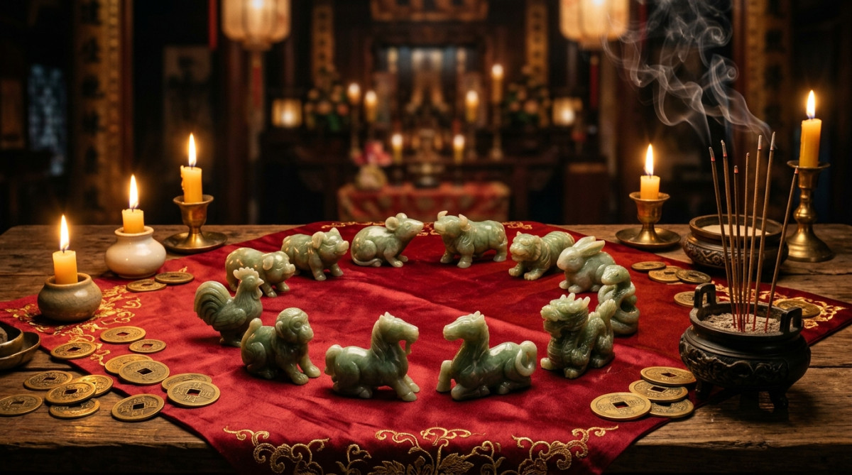 Homme émerveillé contemplant les animaux du zodiaque chinois dans une lumière dorée mystique