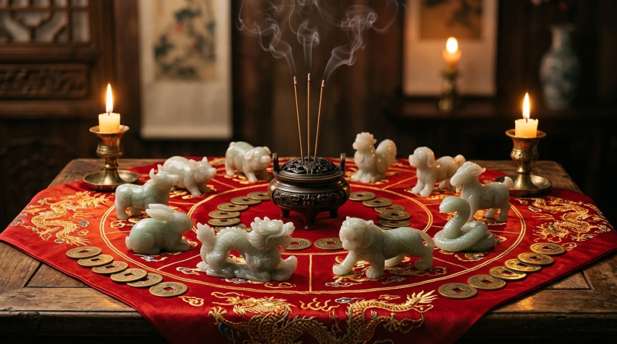 Homme émerveillé contemplant les animaux du zodiaque chinois illuminés dans le ciel du soir