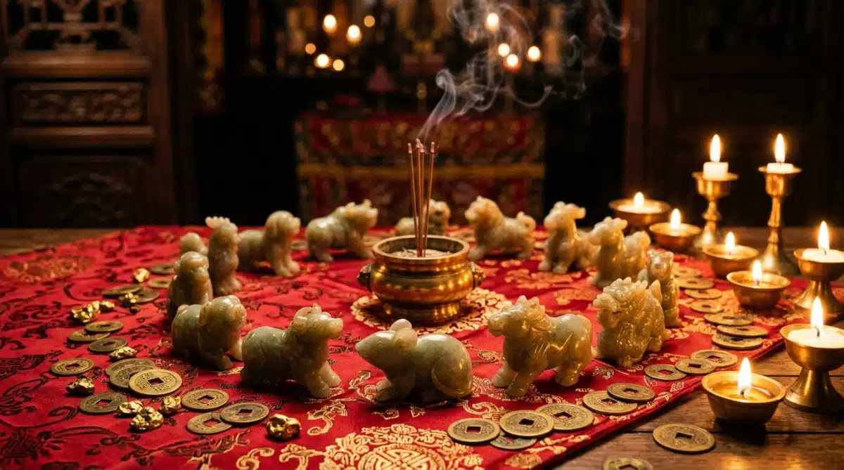 Homme émerveillé devant des silhouettes lumineuses du zodiaque chinois dans une ambiance dorée mystique