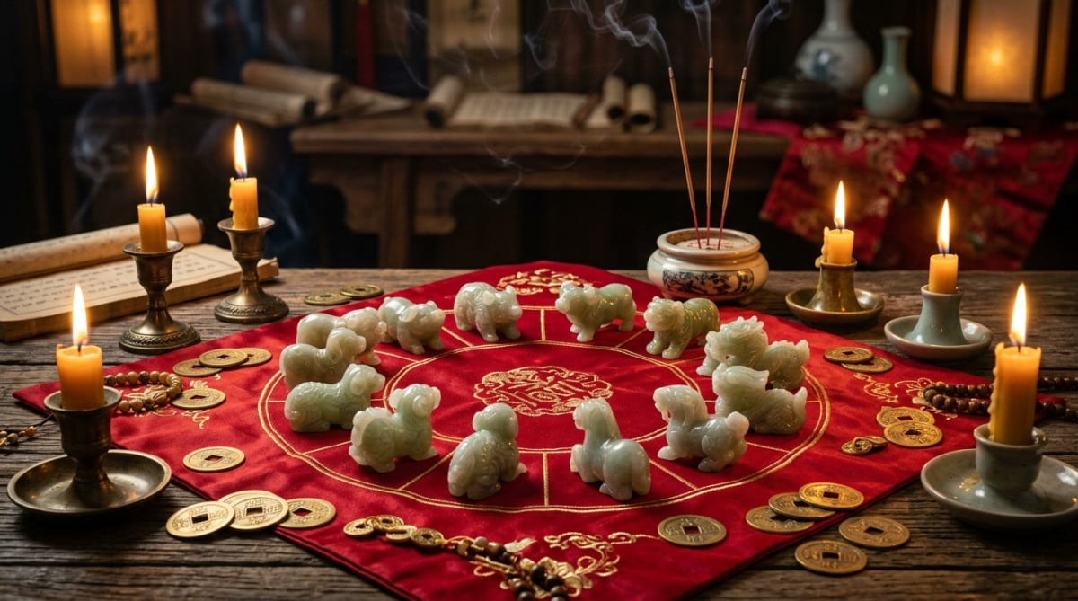 Homme émerveillé sous un ciel étoilé doré avec des symboles astrologiques chinois flottants
