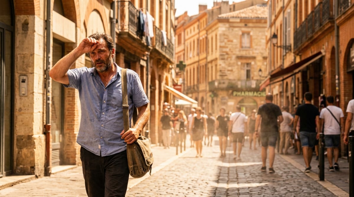 Homme en sueur sous la canicule dans une rue de Toulouse