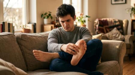 Homme essayant de se chatouiller le pied lui-même