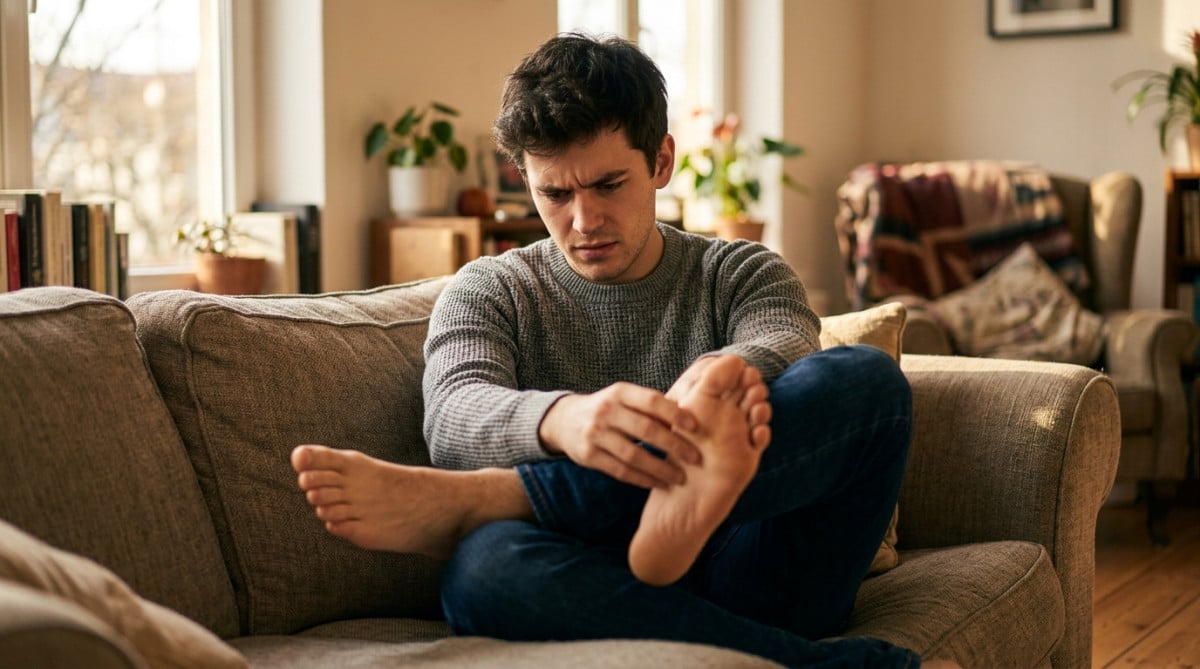 Homme essayant de se chatouiller le pied lui-même