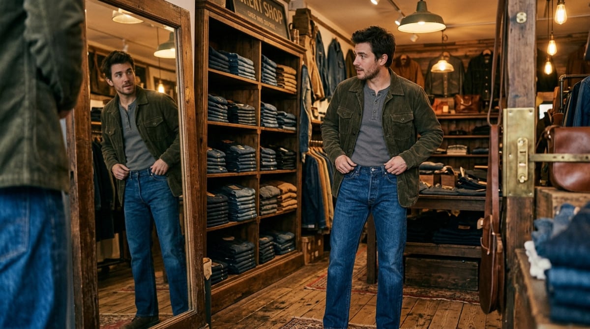 Homme essayant un jean classique en boutique