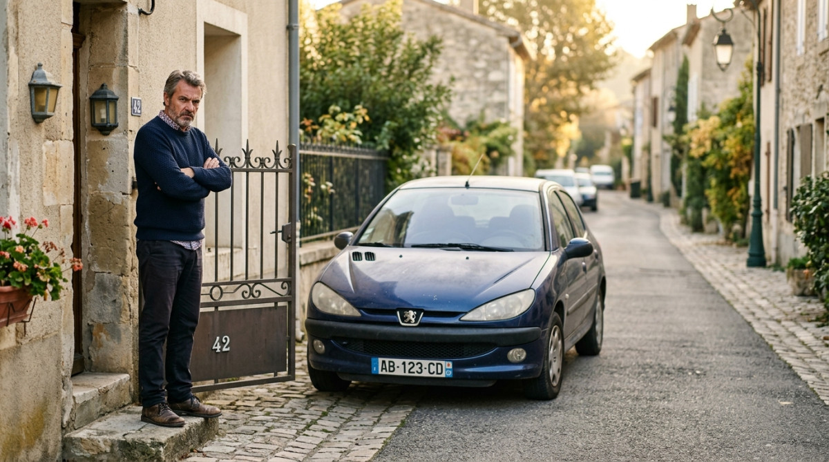 Homme frustré devant sa maison avec voiture du voisin garée