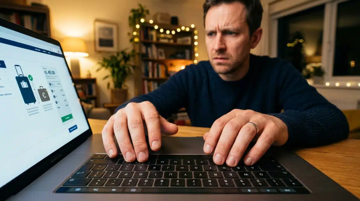 Homme inquiet payant des frais supplémentaires en ligne