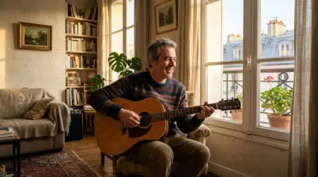Homme jouant de la guitare chez lui l'après-midi