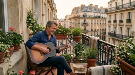 Homme jouant de la guitare sur son balcon en journée