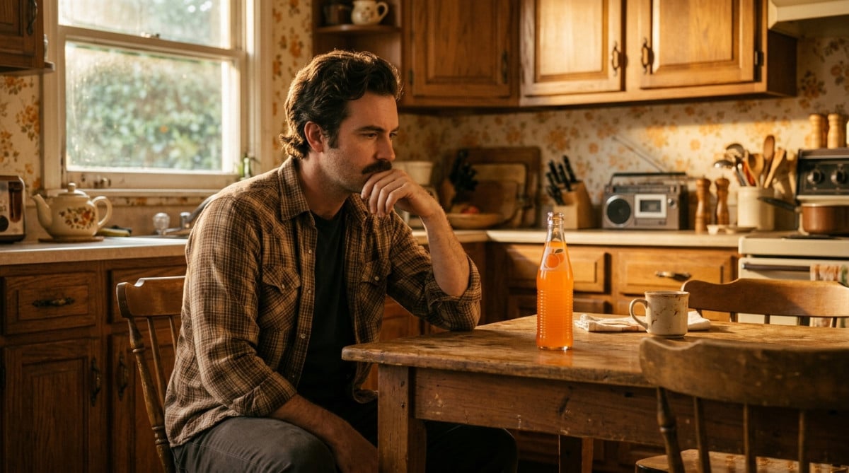 Homme observe une bouteille de soda vintage en cuisine