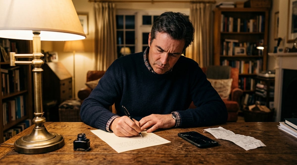 Homme rédigeant une lettre de réclamation avec facture