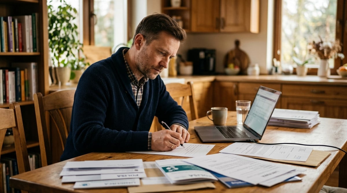 Homme rédigeant une réclamation écrite à son assureur