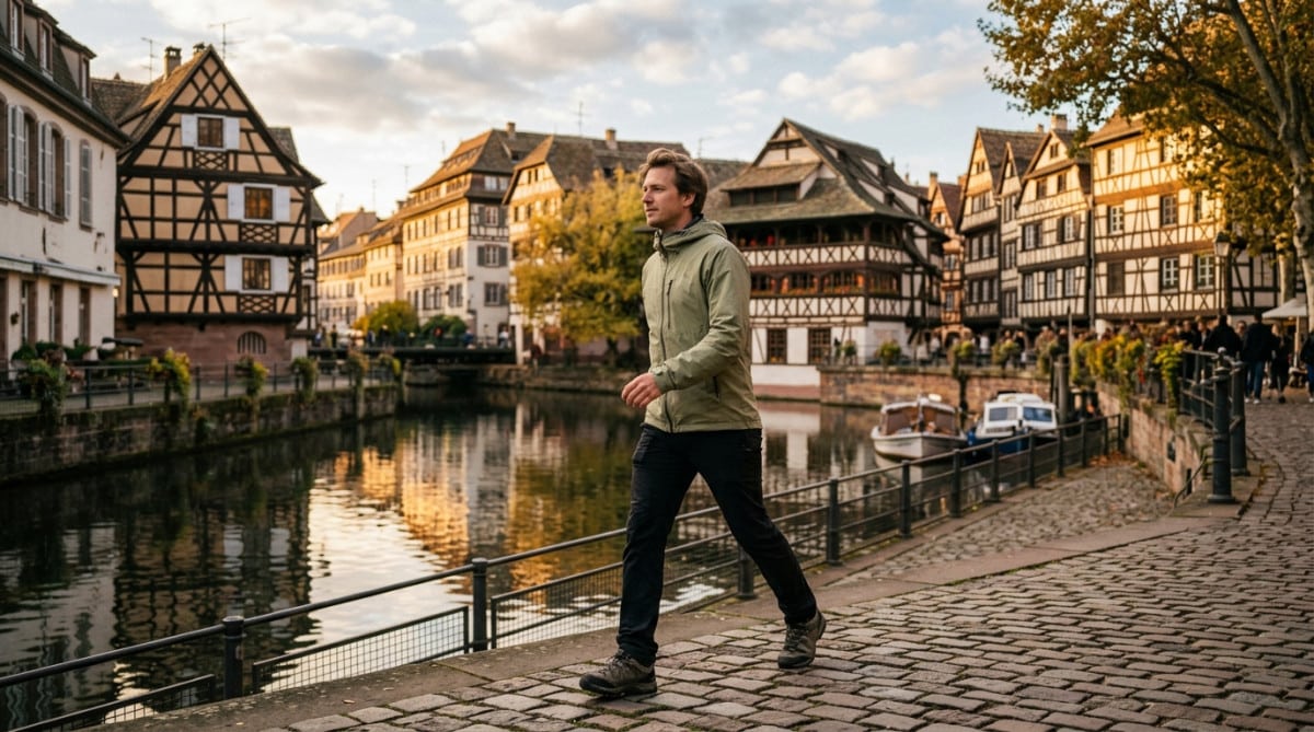 Homme se promenant à Strasbourg sous ciel nuageux