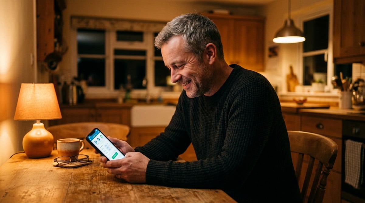 Homme soulagé consultant une application de rendez-vous médical