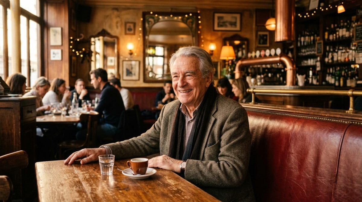 Homme souriant assis sur banquette rouge de café