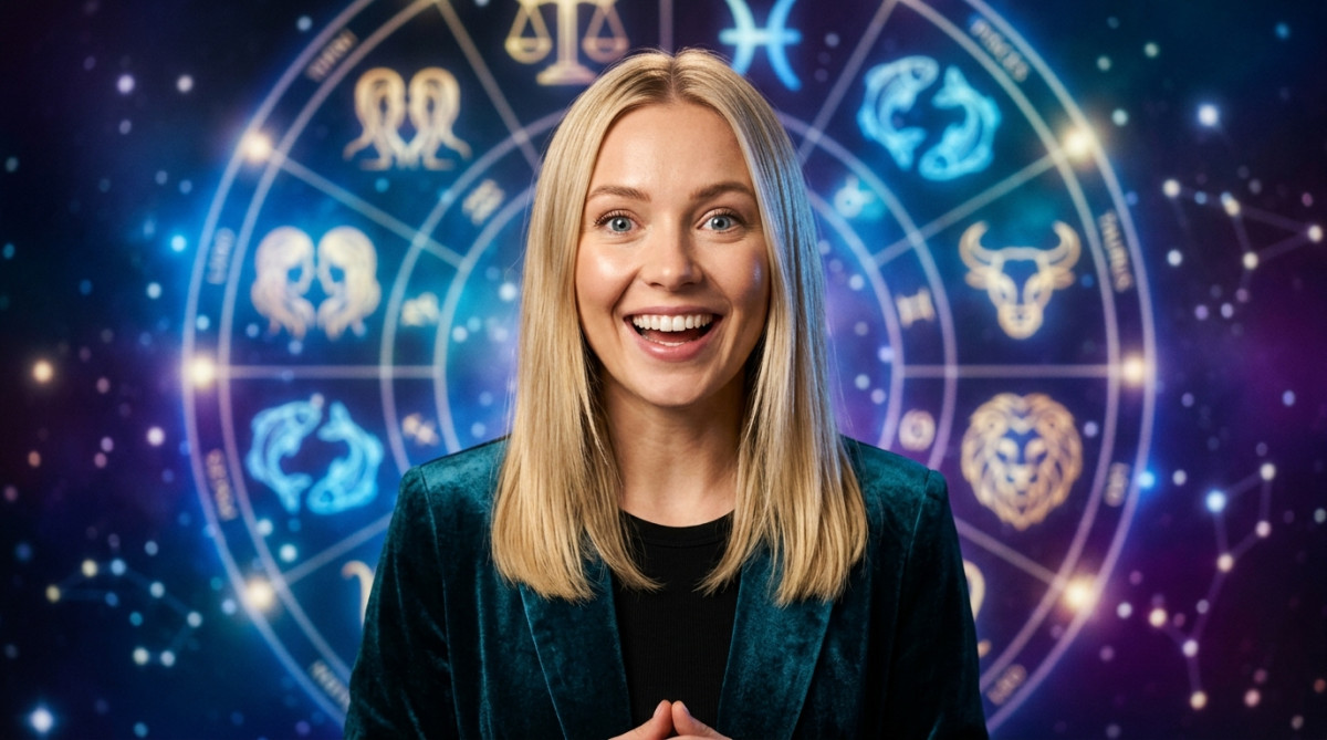 Homme souriant contemplant un ciel cosmique doré pendant l'horoscope du mardi 7 juillet