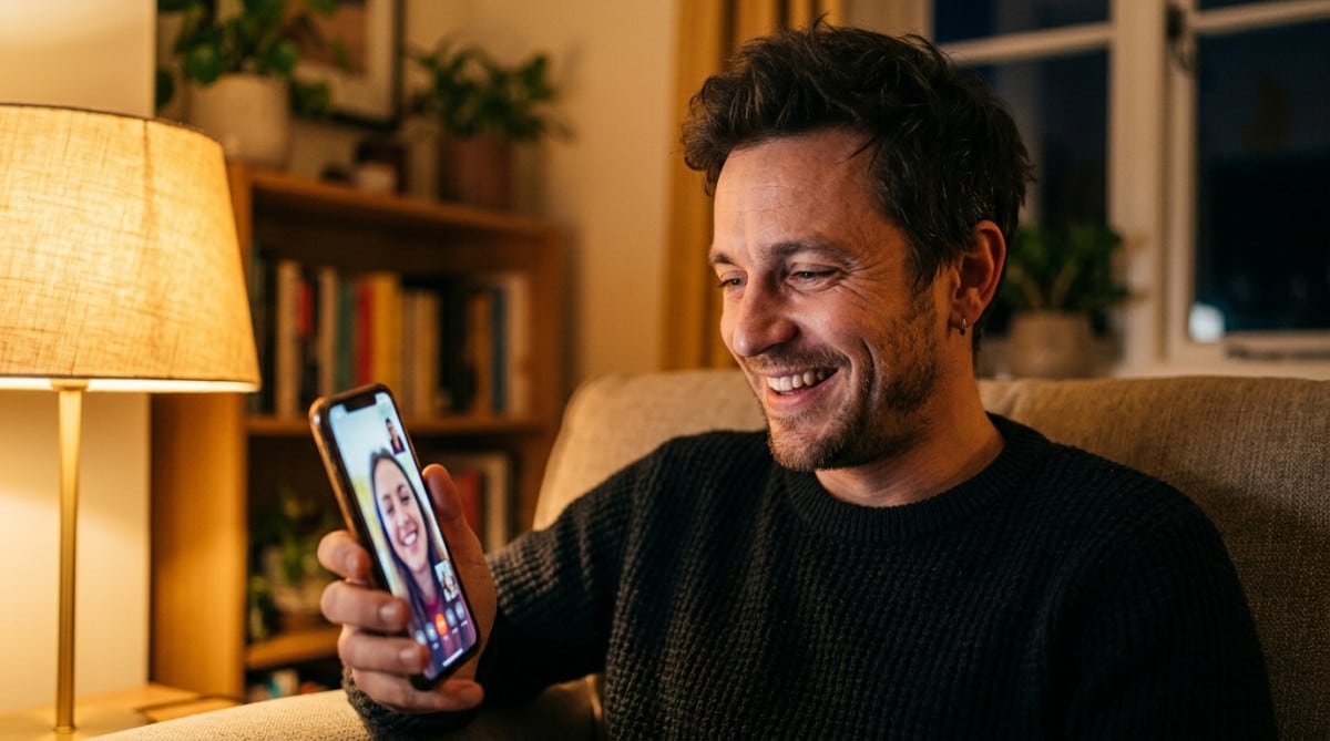 Homme souriant involontairement en regardant son téléphone