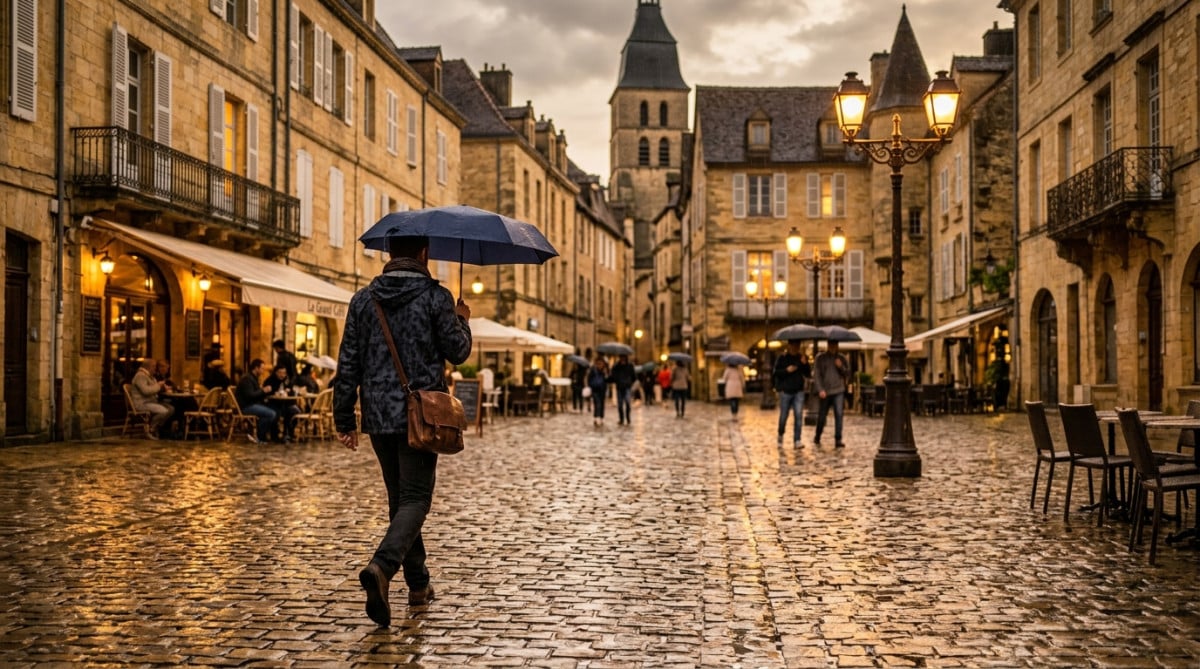 Homme sous la bruine dans une rue pavée française