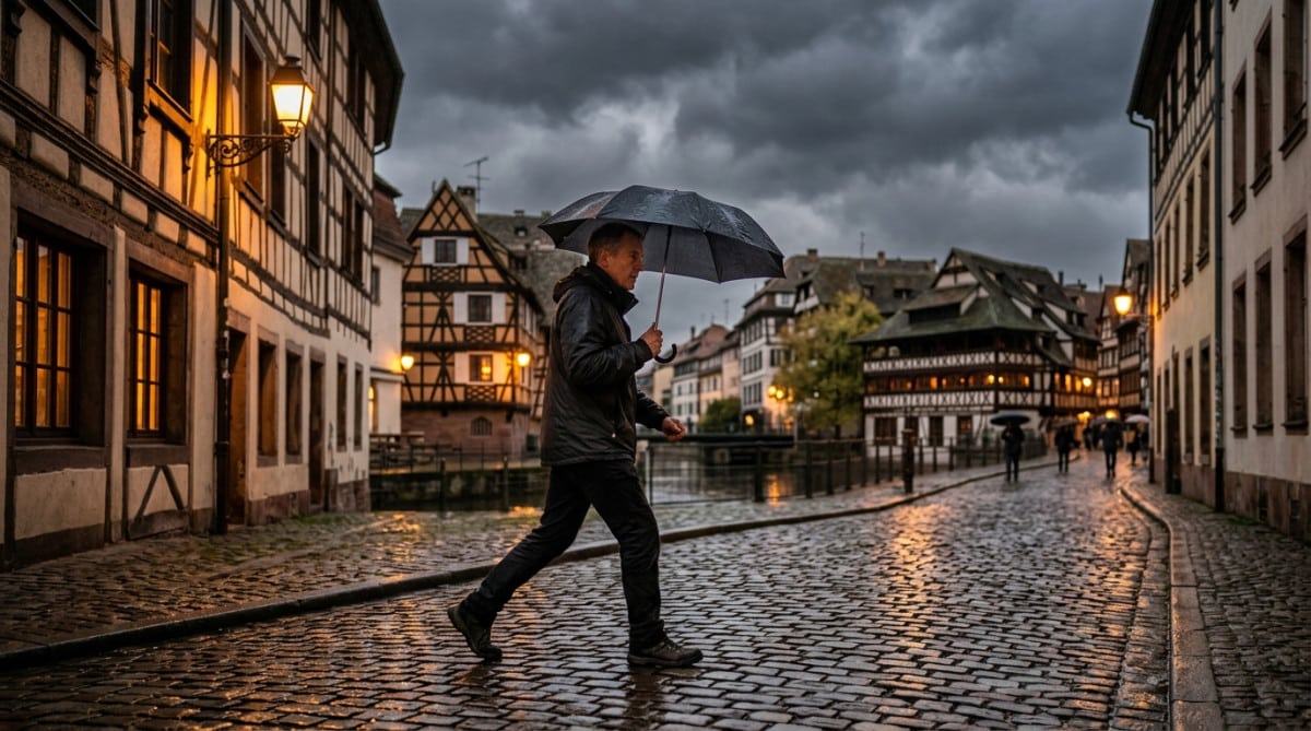 Homme sous la pluie orageuse dans une rue de Strasbourg
