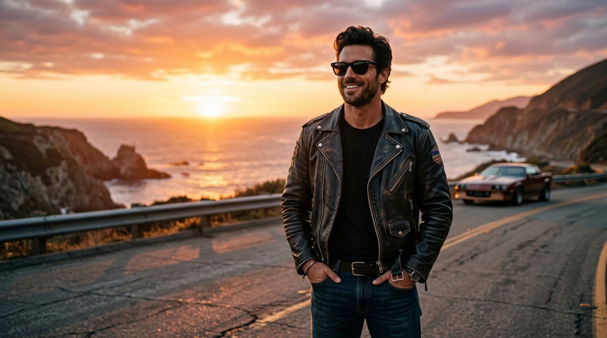 Homme style années 80 avec lunettes de soleil emblématiques au coucher du soleil