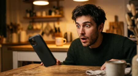 Homme surpris regardant son téléphone tomber de la table