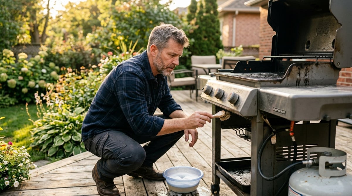 Homme testant une fuite de gaz avec de l'eau savonneuse