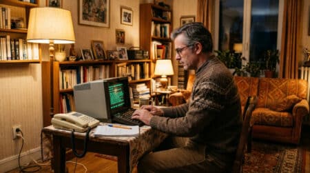 Homme utilisant un Minitel dans un salon des années 80