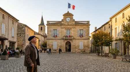 Horloge de mairie française illuminée au coucher du soleil