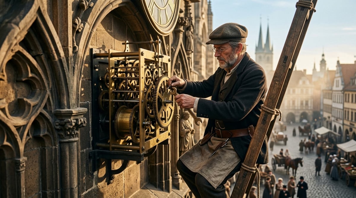 Horloger installant un mécanisme d'horloge sur une mairie ancienne