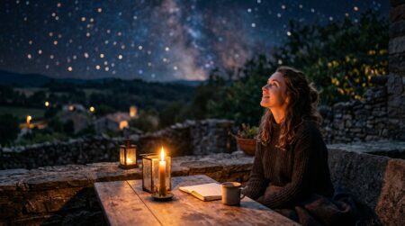 Personne contemplant un ciel étoilé à la bougie, ambiance mystique