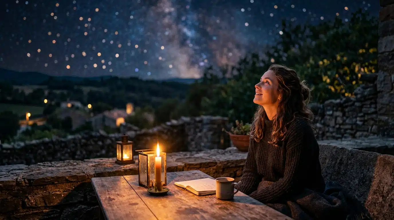 Personne contemplant un ciel étoilé à la bougie, ambiance mystique