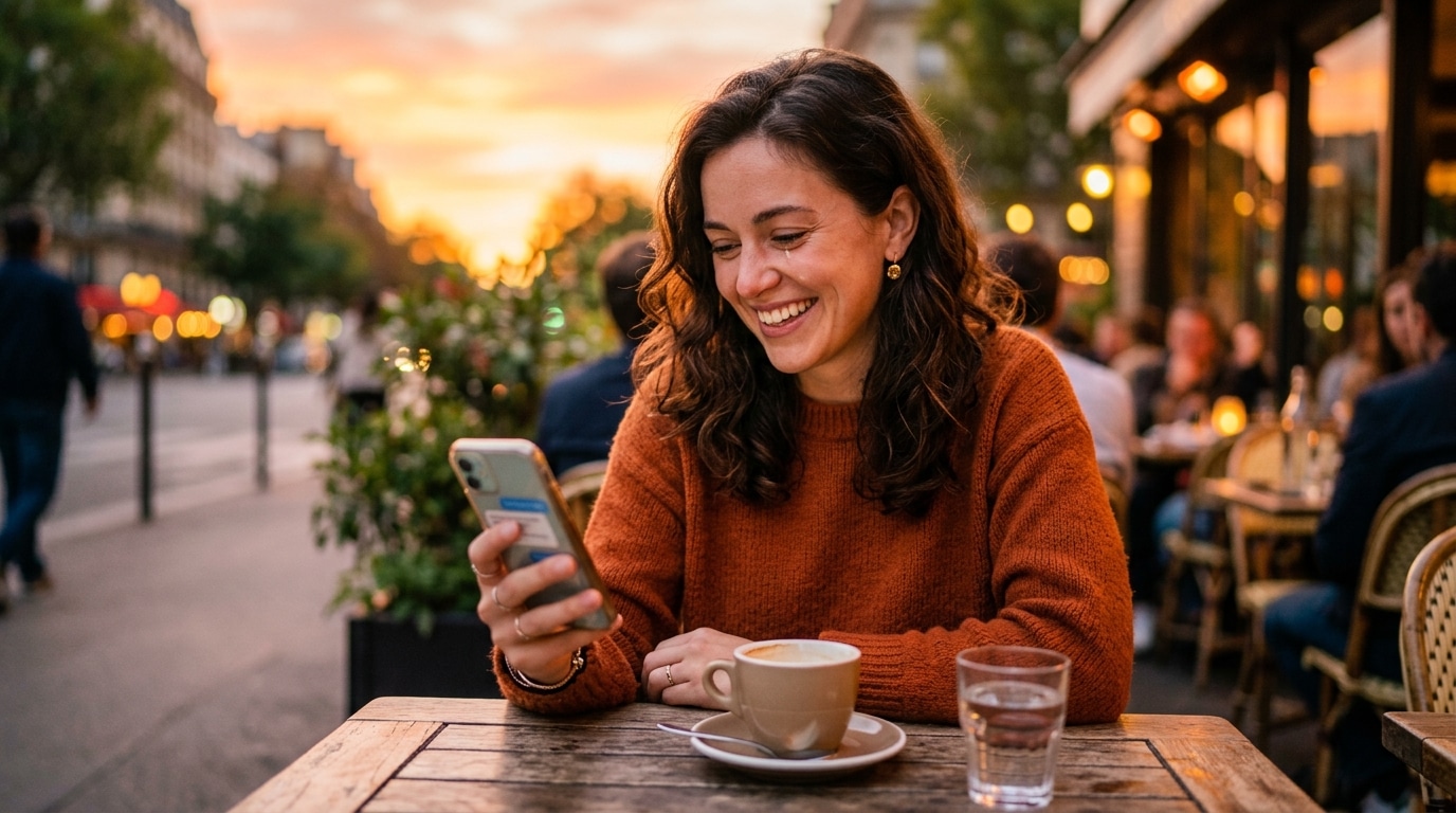 Femme souriante lisant un message avec soulagement au coucher du soleil
