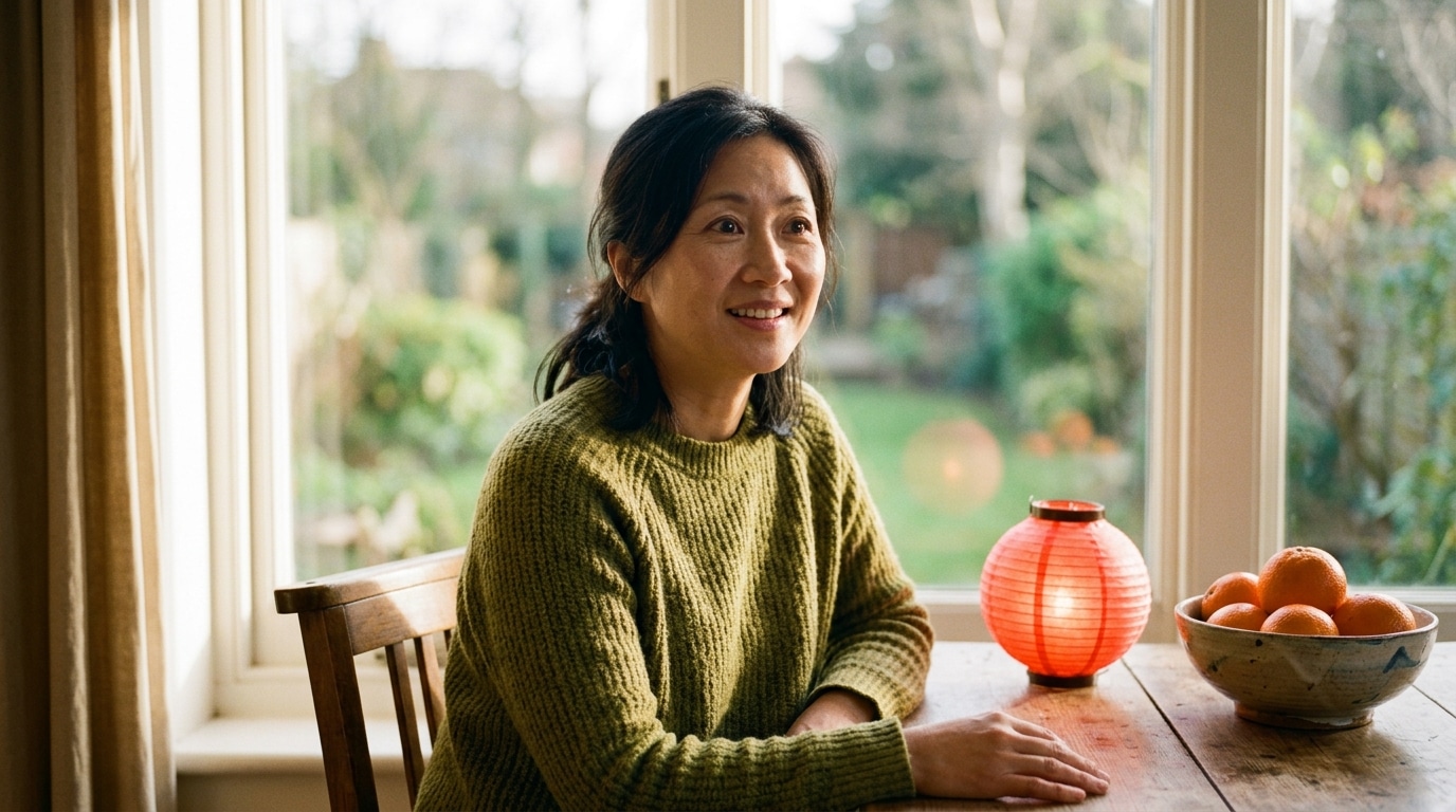 Femme souriante près d'une lanterne rouge et d'oranges