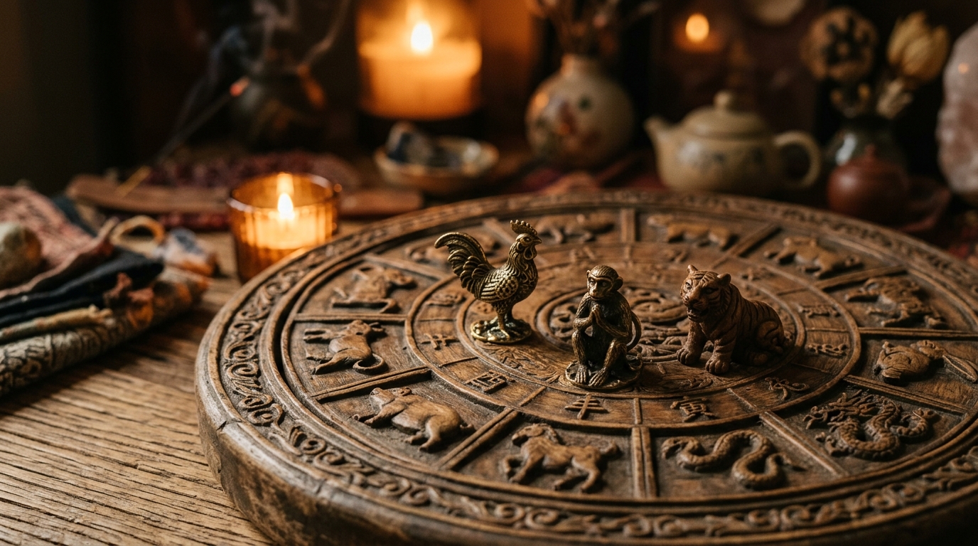 Roue du zodiaque chinois en bois avec figurines animales