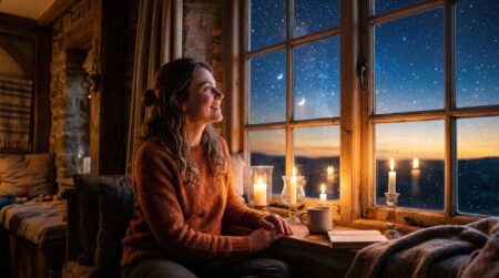 Femme contemplant un ciel étoilé dans une ambiance dorée mystique