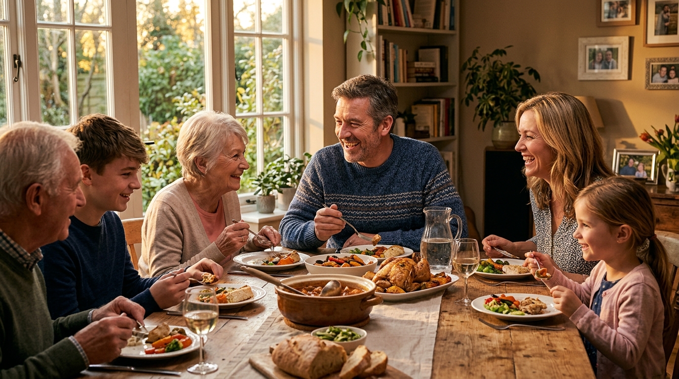 Repas de famille chaleureux autour d'une table en bois