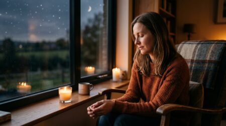 Femme en réflexion sous une lumière dorée