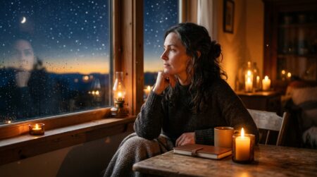 Femme pensive au coucher du soleil ambiance mystique dorée
