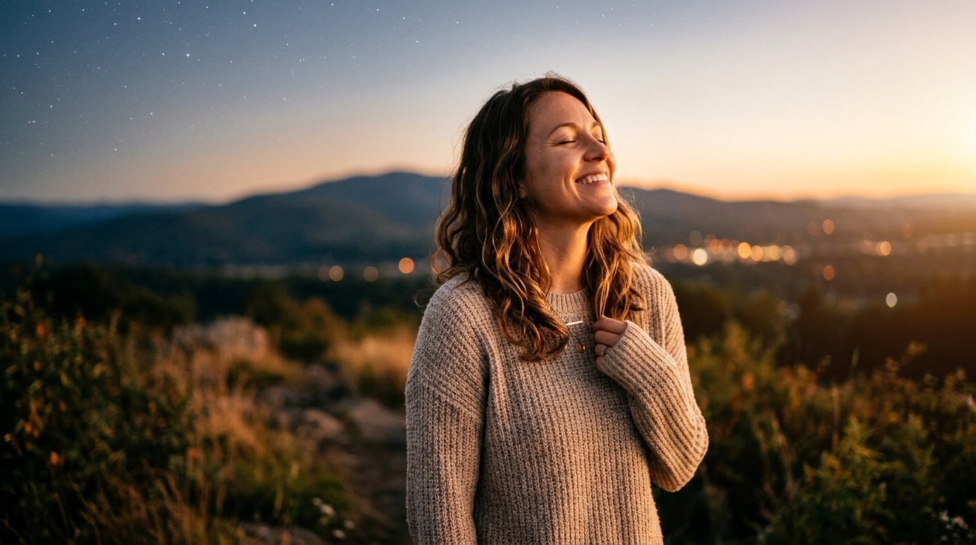 Femme souriante sous une lumière dorée mystique