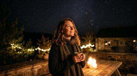 Femme souriante sous un ciel étoilé doré et mystique