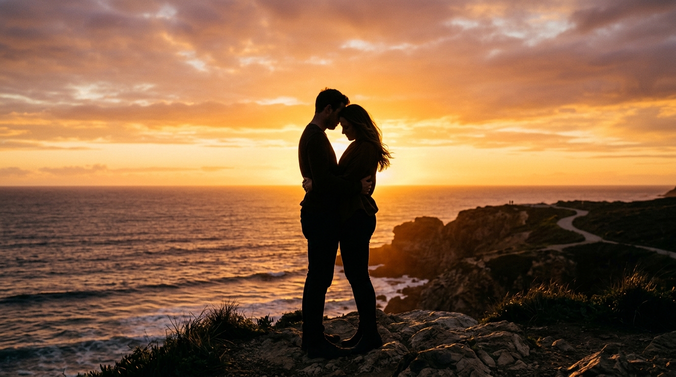 Couple enlacé sous un coucher de soleil doré et romantique