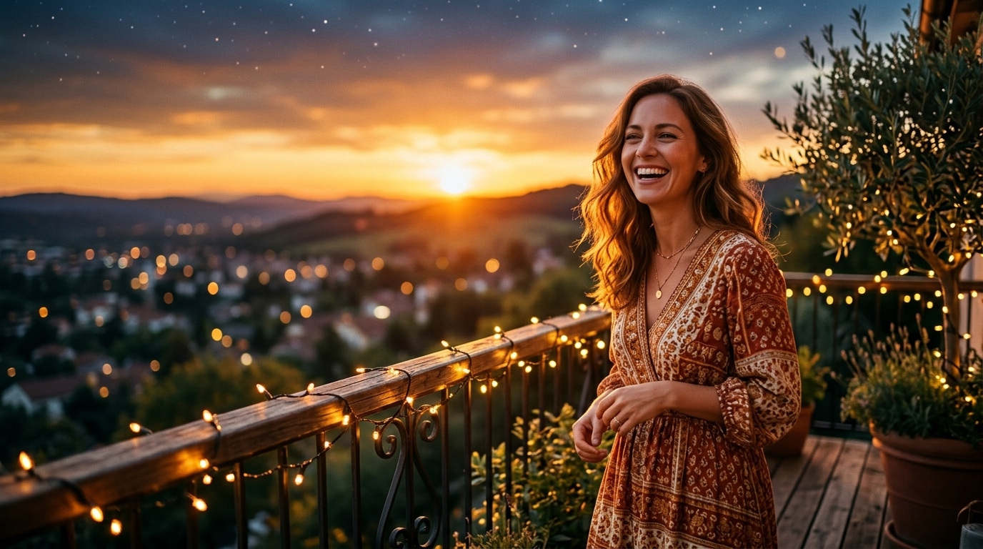Femme souriante au coucher de soleil doré en été