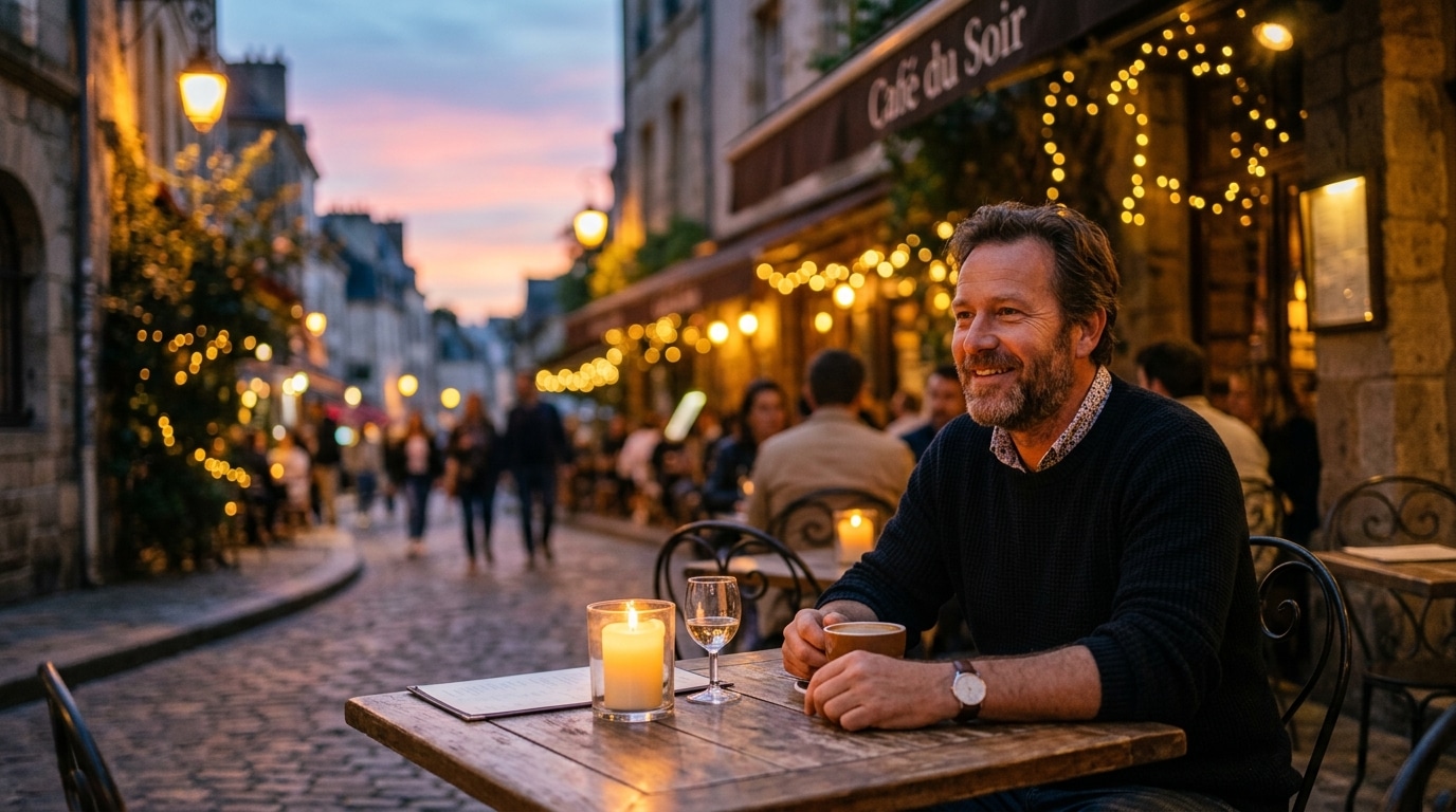 Homme détendu en terrasse à la lumière dorée du soir