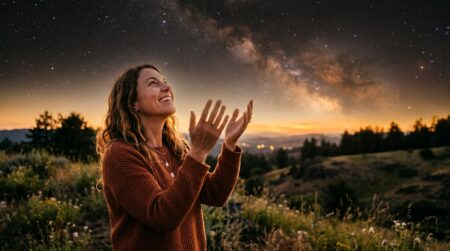 Femme souriante sous un ciel étoilé au coucher du soleil