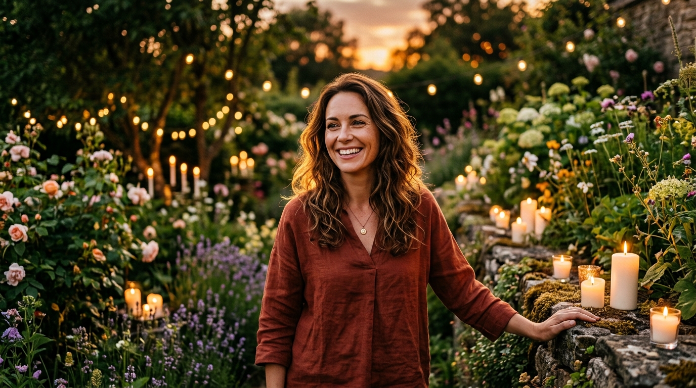 Femme rayonnante dans un jardin illuminé de bougies dorées