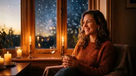 Femme souriante dans une ambiance mystique dorée