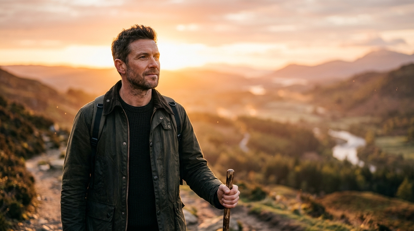 Homme confiant au lever du soleil, lumière dorée