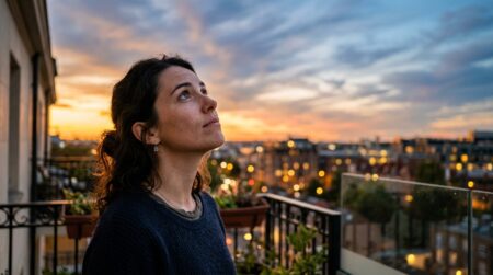 Femme regardant un ciel d'été au crépuscule, pensive