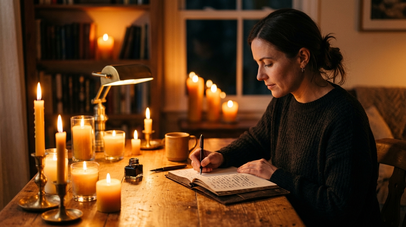 Personne écrivant son journal à la lumière dorée