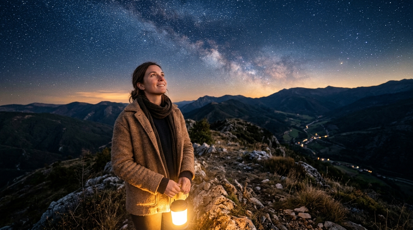 Silhouette sereine sous un ciel étoilé au crépuscule