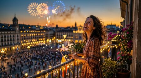 Femme souriante au balcon lors d'une soirée de fête nationale